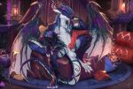  4_toes animal_genitalia balls bed blue_body claws digitigrade dragon erection feet furniture genital_slit genitals hair hi_res horn inside knot ksfrost male membrane_(anatomy) membranous_wings mythological_creature mythological_scalie mythology scalie sitting solo tail toe_claws toes white_body wings 