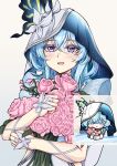  1girl absurdres blue_hair blue_veil bouquet colored_eyelashes commentary derivative_work english_commentary flareza flower hair_between_eyes highres holding holding_bouquet long_hair looking_at_viewer official_art_inset open_mouth pink_flower pink_rose purple_eyes revision rose shorekeeper_(wuthering_waves) smile solo two-tone_veil upper_body veil white_veil wuthering_waves 