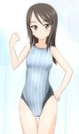  bare_arms bare_shoulders brown_eyes brown_hair clenched_hand collarbone competition_swimsuit girls_und_panzer hand_on_hip long_hair mika_(girls_und_panzer) one-piece_swimsuit simple_background solo standing striped striped_swimsuit swimsuit takafumi thigh_gap 
