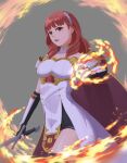  1girl armor black_skirt black_thighhighs breastplate breasts cape celica_(fire_emblem) choker dress earrings fingerless_gloves fire fire_emblem fire_emblem_echoes:_shadows_of_valentia gloves holding holding_sword holding_weapon jewelry kang_gebuk long_hair magic medium_breasts orange_eyes orange_hair princess red_eyes red_hair skirt solo sword thighhighs tiara weapon white_armor white_dress 