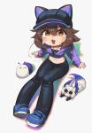  1girl :3 :d absurdres baseball_cap black_hat black_pants blue_shoes brown_hair commentary cropped_jacket english_commentary fang full_body hair_between_eyes hat hat_with_ears highres jacket jewelry looking_at_viewer midriff mini_person minigirl navel necklace open_mouth orange_eyes original pants porforever purple_jacket shoes short_hair simple_background sitting smile snail solo tail white_background 