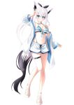 1girl absurdres ahoge animal_ear_fluff animal_ears ayana_haku bikini black_bow blue_bikini blue_eyes blush bow braid breasts commentary earrings extra_ears fox_ears fox_girl fox_shadow_puppet fox_tail frilled_bikini_top hair_between_eyes hair_bow highres hololive jacket jacket_over_swimsuit jewelry layered_bikini leg_up long_hair looking_at_viewer medium_breasts navel pentagram ponytail sandals shirakami_fubuki shorts sidelocks simple_background single_braid smile solo swimsuit tail thigh_strap virtual_youtuber white_background white_hair white_jacket white_sandals white_shorts 