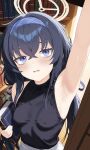  1girl absurdres arm_up armpits bags_under_eyes black_hair blue_archive blue_eyes blue_hairband book bookshelf breasts commentary covered_nipples crossed_bangs day english_commentary from_above hair_between_eyes hairband halo highres holding holding_book indoors lewd_chan library long_bangs long_hair looking_at_viewer looking_up no_bra parted_lips pink_halo raised_inner_eyebrows reaching shirt shirt_tucked_in skirt sleeveless sleeveless_shirt small_breasts solo sunlight turtleneck turtleneck_shirt ui_(blue_archive) upper_body wavy_mouth white_skirt 