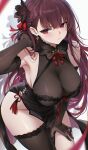  1girl bare_shoulders black_dress black_flower black_gloves black_thighhighs blush bow breasts closed_mouth commentary cowboy_shot dress earrings elbow_gloves flower girls&#039;_frontline girls&#039;_frontline_2:_exilium gloves groin hair_bow hair_flower hair_ornament hand_up highres jewelry large_breasts leaning_forward long_hair looking_at_viewer makiatto_(girls&#039;_frontline_2) no_panties pelvic_curtain purple_hair re0n red_bow red_eyes single_thighhigh solo thighhighs thighs very_long_hair wa2000_(girls&#039;_frontline) 