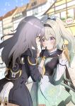  2girls black_gloves black_hairband black_jacket blush cropped_jacket firefly_(honkai:_star_rail) food food_on_face frilled_sleeves frills gloves gradient_hair green_pupils hairband hand_on_another&#039;s_face highres holding holding_ice_cream_cone honkai:_star_rail honkai_(series) house ice_cream ice_cream_cone jacket long_sleeves mashiro_(user_65392488) multicolored_eyes multicolored_hair multiple_girls neckerchief open_mouth orange_neckerchief ponytail stelle_(honkai:_star_rail) sweatdrop trailblazer_(honkai:_star_rail) two-tone_eyes white_sleeves 