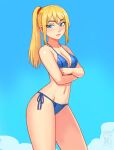  1girl absurdres arms_under_breasts artist_logo artist_name bare_arms bare_legs bare_shoulders bikini blonde_hair blue_bikini blue_eyes blush breasts collarbone commentary cowboy_shot frown groin highres logo long_hair looking_at_viewer medium_breasts metroid navel ponytail samus_aran side-tie_bikini_bottom simple_background solo swimsuit thighs watcher_hollow 