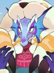  1boy afk_(series) afk_arena artist_name claws commentary_request furry furry_male green_sweater highres looking_at_viewer male_focus okn_369 red_scarf reptile_boy saurus_(afk) scarf sweater upper_body 