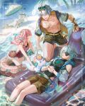  2boys 3girls ^^^ absurdres aglaea_(honkai:_star_rail) anaxa_(honkai:_star_rail) aqua_eyes aqua_hair beach beach_chair beach_umbrella black_one-piece_swimsuit black_shirt blonde_hair blue_eyes blue_sky brown_shorts cipher_(honkai:_star_rail) closed_eyes commentary dress english_commentary eyepatch gold_tattoo grey_hair heart heart-shaped_eyewear highres honkai:_star_rail honkai_(series) hyacine_(honkai:_star_rail) jacket jewelry little_ica_(honkai:_star_rail) lying multicolored_hair multiple_boys multiple_girls musical_note neck_tattoo necklace on_back one-piece_swimsuit open_mouth oyakorodesu palm_tree pegasus phainon_(honkai:_star_rail) pink_hair red_one-piece_swimsuit shirt short_hair shorts sky spoken_musical_note sundress swimsuit tattoo toned toned_male tree two-tone_hair umbrella white_dress white_hair white_jacket 