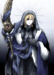  1boy areadbhar_(fire_emblem) arm_up armor black_armor black_fur blonde_hair blue_cape blue_eyes blue_scarf breastplate cape closed_mouth commentary_request cowboy_shot dimitri_alexandre_blaiddyd dimitri_alexandre_blaiddyd_(timeskip) double-parted_bangs eyepatch fire_emblem fire_emblem:_three_houses fur-trimmed_cape fur_trim gauntlets gem hair_between_eyes halo hand_on_own_chest highres holding holding_polearm holding_weapon hood hood_up looking_to_the_side male_focus megubiru one_eye_covered ornate_weapon polearm red_gemstone scarf smile solo standing weapon white_fur 
