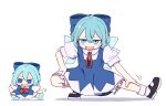  2girls :d absurdres ahoge black_shoes blue_bow blue_dress blue_eyes blue_shoes bow bowtie cirno collared_shirt commentary_request dress dual_persona full_body fumo_(doll) hair_bow highres ice ice_wings kame_(kamepan44231) multiple_girls neck_ribbon open_mouth pinafore_dress red_bow red_bowtie red_ribbon ribbon shirt shoes short_hair short_sleeves simple_background sleeveless sleeveless_dress smile socks stretching touhou white_background white_shirt white_socks wings 