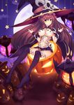  bad_id bad_pixiv_id black_legwear boots breasts brown_eyes brown_hair cape gauntlets halloween hat high_heel_boots high_heels jack-o'-lantern lantern large_breasts long_hair looking_at_viewer original revealing_clothes silk skull smile solo spider_web thigh_boots thighhighs ti-tang underboob very_long_hair witch_hat 