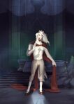  absurd_res anthro bottomwear bulge cape clothing equid equine fangs front_view full-length_portrait fur grey_bottomwear grey_clothing grey_pants hair hi_res horse looking_at_viewer male male_anthro mammal nipples open_mouth pants portrait red_eyes satanic_monkey shadow sharp_teeth solo standing teeth white_body white_fur white_hair 