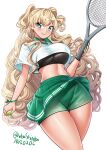  1girl absurdres ball blonde_hair commentary_request contrast_collar covered_underboob dated green_shorts green_skirt grey_eyes highres holding holding_ball holding_tennis_racket kantai_collection katou_shinobu long_hair looking_at_viewer minneapolis_(kancolle) minneapolis_(tennis)_(kancolle) official_alternate_costume one-hour_drawing_challenge pleated_skirt polo_shirt racket shirt shorts shorts_under_skirt simple_background skirt smile solo sports_bra sportswear tennis_ball tennis_racket tennis_skirt tennis_uniform twitter_username two_side_up wavy_hair white_background white_shirt 