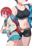  1girl absurdres amate_yuzuriha aqua_eyes aqua_shirt aqua_skirt backpack bag bag_charm black_shorts black_sports_bra breasts charm_(object) collared_shirt commentary_request cowboy_shot ddal diagonal-striped_clothes diagonal-striped_necktie dress_shirt from_side gundam gundam_gquuuuuux hair_between_eyes head_out_of_frame highres large_breasts long_sleeves looking_at_viewer midriff miniskirt multiple_views navel necktie open_clothes open_mouth open_shirt opened_by_self pleated_skirt puffy_long_sleeves puffy_sleeves red_hair school_uniform shirt short_hair short_shorts shorts simple_background skirt smile sports_bra standing striped_clothes sweater undressing white_background white_sweater 