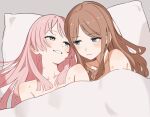  2girls absurdres add_leir bang_dream! bang_dream!_it&#039;s_mygo!!!!! bare_shoulders bed_sheet bite_mark bite_mark_on_shoulder blue_eyes blunt_ends blush brown_hair chihaya_anon clenched_teeth closed_mouth collarbone commentary_request fang grey_background grey_eyes grin hickey highres long_hair looking_at_another looking_to_the_side multiple_girls nagasaki_soyo naked_sheet open_mouth parted_bangs pillow pink_hair side-by-side sidelocks smile teeth under_covers upper_body yuri 