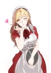  1girl absurdres apron blonde_hair blowing_kiss bow breasts dress dxt frills hair_ornament heart highres holding holding_plate long_hair maid maid_headdress plate puffy_short_sleeves puffy_sleeves red_dress ribbon short_sleeves smile solo touhou touhou_(pc-98) yellow_eyes yumeko_(touhou) 