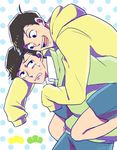  black_hair brothers carrying hood hoodie male_focus matsuno_choromatsu matsuno_juushimatsu multiple_boys osomatsu-kun osomatsu-san piggyback polka_dot polka_dot_background shorts siblings simple_background sleeves_past_wrists smile sweat 