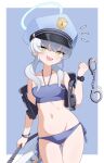  1girl absurdres ass_visible_through_thighs bandeau bikini black_vest blue_archive blue_hat commentary_request cowboy_shot cuffs grey_hair handcuffs hat highres innertube korean_commentary long_hair low_twintails mixed-language_commentary notice_lines peaked_cap police_hat poorunii purple_eyes side-tie_bikini_bottom solo swim_ring swimsuit thigh_gap twintails valkyrie_police_academy_student_(sg)_(blue_archive) vest yellow_eyes 