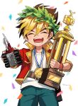  1boy ^_^ amanogawa_ryuusei aqua_shorts artist_name belt belt_buckle black_hair blonde_hair brown_belt buckle child closed_eyes collared_jacket commentary_request confetti cowboy_shot gold_medal hair_between_eyes happy head_wreath hercules_beetle holding holding_toy holding_trophy jacket jinzou_konchuu_kabutoborg_vxv kuroda_(kuro_yyy) male_focus medal open_clothes open_jacket open_mouth red_jacket shirt short_hair shorts signature simple_background smile solo standing tomcat_red_beetle_(kabutoborg) toy toy_car trophy white_background white_shirt wristband 