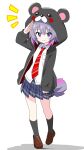  1girl absurdres animal_ear_hood arm_up bear_hoodie_girl_(kotatsu-mazoku) bear_tail black_socks blue_skirt blush brown_shoes closed_mouth collared_shirt commentary_request dot_nose full_body gradient_hair gradient_tail highres hood hood_up hoodie kotatsu-mazoku long_sleeves looking_at_viewer multicolored_hair necktie notice_lines open_clothes open_hoodie original pink_hair plaid_clothes plaid_skirt pleated_skirt purple_eyes purple_hair red_necktie school_uniform shirt shoes short_hair simple_background skirt smile socks solo standing striped_necktie tail white_background white_shirt 