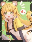  1girl :d animal_ears animal_print bikini black_gloves blush breasts cropped_shirt elbow_gloves gloves green_eyes heart highres ju_fufu k0me looking_at_viewer navel signature smile solo speech_bubble spoken_heart swimsuit tiger_ears tiger_print zenless_zone_zero 