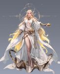  1girl absurdres apple asymmetrical_dress bare_legs barefoot blonde_hair dress food fruit full_body golden_apple gradient_background highres looking_at_viewer original parted_bangs simple_background solo taekwon_kim white_dress 