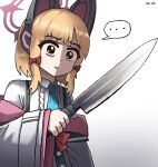  ... 1girl absurdres animal_ear_headphones animal_ears artist_name blonde_hair blue_archive blue_necktie bow cat_ear_headphones commentary_request death_momoi_(meme) fake_animal_ears gradient_background hair_bow halo headphones highres holding holding_knife jacket kai_xin kitchen_knife knife long_sleeves meme momoi_(blue_archive) necktie parted_lips pink_halo red_bow shirt short_hair solo speech_bubble spoken_ellipsis tsukiji_uogashi_sandaime upper_body white_background white_jacket white_mouth white_shirt 