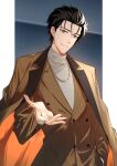  1boy absurdres black_hair brown_jacket buttons coat collared_shirt facial_hair grin hand_in_pocket highres jacket jewelry long_sleeves looking_at_viewer male_focus necklace offering_hand okabe_rintarou open_clothes open_coat parted_lips shirase_rin shirt short_hair sideburns_stubble smile solo steins;gate striped_clothes stubble suit upper_body vertical-striped_clothes white_shirt yellow_eyes 
