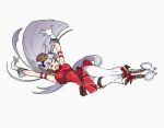  1girl :d ^_^ animal_ears arms_up artist_name blunt_bangs boots bow brown_hat closed_eyes commentary dress ear_bow ear_covers ear_ornament ear_ribbon english_commentary flying_kick full_body gloves gold_ship_(umamusume) hat high_heels horse_ears horse_girl horseshoe horseshoe_ornament kicking o-ring pants pillbox_hat pollo_(pollo_pom) purple_bow red_bow red_dress sleeveless sleeveless_dress smile solo twitter_username umamusume watermark white_boots white_gloves white_pants 
