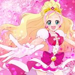  :d bad_id bad_pixiv_id blonde_hair bow cowboy_shot cure_flora earrings flower flower_earrings flower_necklace gloves go!_princess_precure green_eyes haruno_haruka jewelry long_hair magical_girl multicolored_hair nako_(hesibe118) necklace open_mouth pink pink_background pink_bow pink_hair pink_skirt precure skirt smile solo streaked_hair two-tone_hair white_gloves 