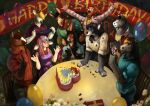aelune_(whitefeathersrain) anthro asinus benji_coalhoof black_hair blonde_hair blue_eyes blue_hair brown_body brown_eyes brown_hair bucephalus cake cal_(blukal) canid canine canis clothed clothing dalarius_frin deer dessert donkey equid equine eyes_closed female female_anthro food fur green_eyes grey_body grey_fur group hair hat headgear headwear horn horse long_hair male male_anthro mammal multicolored_hair party_hat pink_hair satanic_monkey shane_(arktiskraev) short_hair sitting smile species_request standing takom_ironhoof two_tone_hair white_body white_fur wolf