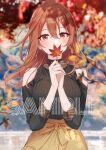  1girl autumn autumn_leaves bare_shoulders black_shirt blurry blurry_background blush bow breasts brown_eyes brown_hair clothing_cutout commentary_request cowboy_shot hair_between_eyes hands_up highres holding holding_leaf kohinata_iroha_(imouuzai) large_breasts leaf long_hair looking_at_viewer outdoors own_hands_together ribbed_shirt shirt shoulder_cutout skirt solo standing tomari_(veryberry00) tomodachi_no_imouto_ga_ore_ni_dake_uzai tree yellow_bow yellow_skirt 
