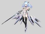  1girl :d absurdres black_gloves blue_hair breasts elbow_gloves full_body gloves grey_background highres holding holding_sword holding_weapon looking_at_viewer low_wings mechanical_wings medium_hair mytea_(soso) original red_eyes science_fiction sideboob small_breasts smile solo sword tabard thighhighs two_side_up vambraces weapon wings 