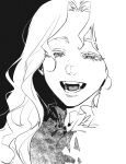  character_request copyright_request english_commentary eyelashes fangs greyscale guul_(ghoul_231113) highres korean_commentary long_hair mixed-language_commentary monochrome narrowed_eyes open_mouth portrait smile solo wavy_hair 