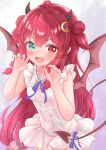  1girl absurdres ahoge bat_hair_ornament crescent crescent_hair_ornament demon demon_girl demon_horns demon_tail demon_wings fang flower gradient_background hair_ornament heterochromia highres horns matcha_november nijisanji paw_pose red_hair skin_fang tail virtual_youtuber wings 