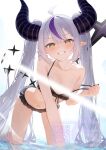  1girl ahoge bikini bikini_day blush breasts censored collarbone commentary_request frilled_bikini frills highres hololive horns la+_darknesss long_hair motoi_(croa76) multicolored_hair navel pointy_ears small_breasts solo streaked_hair swimsuit twintails unfinished watermark white_background yellow_eyes 