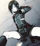  black_gloves black_hair black_legwear gloves grin holding holding_weapon kneehighs male_focus military military_uniform purple_eyes shorts smile solo tantou tenkuu_sphere touken_ranbu uniform weapon yagen_toushirou 