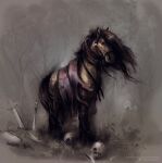 ambiguous_feral ambiguous_gender beady_eyes bone brown_body brown_mane brown_tail equid equine feral glistening glistening_eyes hi_res horse mammal mane melee_weapon mouth_closed outside plant satanic_monkey skull solo sword tail tree weapon