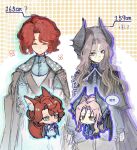  2girls ? ^_^ animal_ear_fluff animal_ears black_boots black_cape black_wings blue_eyes blue_jacket boots cape chibi chibi_inset closed_eyes coat coat_on_shoulders demon_wings dress facing_viewer fox_ears fox_tail green_coat grey_eyes grey_hair hair_ornament hand_up height_difference highres jacket kemonomimi_mode long_hair looking_at_another looking_at_viewer marsha_(reverse:1999) military_uniform mishiro_(sarolttf) multiple_girls pants polka_dot polka_dot_background red_hair reverse:1999 sentinel_(reverse:1999) short_hair shoulder_belt side-by-side tail two-tone_background white_background white_dress white_pants wings yellow_background 