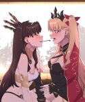  2girls absurdres bare_shoulders black_dress blonde_hair blush breasts brown_hair cleavage cloak commentary dress earrings english_commentary ereshkigal_(fate) fate/grand_order fate_(series) food highres hoop_earrings hyperbudd incest incoming_pocky_kiss ishtar_(fate) jewelry long_hair medium_breasts midriff multiple_girls open_mouth parted_bangs pocky red_cloak red_eyes siblings sisters strapless tiara tube_top two_side_up yuri 