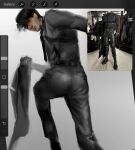  1boy art_program_in_frame ass black_bodysuit black_eyes black_hair black_necktie bodysuit feet_out_of_frame head_tilt holding holding_unworn_clothes looking_at_viewer macaronijail male_focus necktie omniscient_reader&#039;s_viewpoint outstretched_arms reference_inset short_hair solo yoo_joonghyuk 