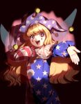  1girl :d absurdres adapted_costume american_flag_dress american_flag_legwear blonde_hair clown clownpiece commentary cowboy_shot curtains fairy_wings hand_on_own_chest hat highres jester_cap konoha217 long_hair long_sleeves looking_at_viewer neck_ruff open_mouth outstretched_arm pantyhose polka_dot red_eyes smile solo spotlight stage_curtains star_(symbol) star_print striped_clothes teardrop_facial_mark teeth touhou upper_teeth_only wings 