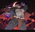 abs absurd_res anthro biceps biped bottomwear cape claws clothed clothing dendryte_axxon digital_media_(artwork) dragon electricity fangs fingers grey_body grey_scales hi_res horn lightning lizard loincloth low-angle_view magic magic_user male moon muscular muscular_anthro muscular_male mythological_creature mythological_scalie mythology night open_mouth outside pecs plant reptile scales scalie solo teeth tongue tongue_out topless