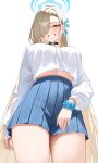  1girl absurdres alternate_costume asuna_(blue_archive) black_choker blue_archive blue_eyes blue_halo blue_ribbon blue_scrunchie blue_skirt breasts brown_hair choker hair_over_one_eye hair_ribbon halo highres kono_(xerondan321) large_breasts long_hair long_sleeves midriff pleated_skirt ribbon scrunchie shirt simple_background skirt smile solo thighs very_long_hair white_background white_shirt wrist_scrunchie 