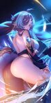  1girl absurdres ahoge ass black_hair blue_eyes blue_gemstone blue_hair breasts earrings fingernails fins fish_skeleton_hair_ornament gem gold_trim head_fins heterochromia highres horns indie_virtual_youtuber jewelry median_furrow miraymoon mole mole_under_mouth monocle multicolored_hair natomiie_(vtuber) night night_sky pink_eyes pink_nails pointy_ears second-party_source sharp_fingernails single_thighhigh sky solo tail thighhighs two-tone_hair virtual_youtuber water 