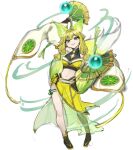  1girl animal_ears asymmetrical_legwear blonde_hair blunt_sidelocks breasts bridal_gauntlets crow_amiheart detached_sleeves duel_monster fox_ears fox_girl fox_tail full_body green_eyes hand_fan holding holding_fan hu-li_the_jewel_mikanko japanese_clothes long_sleeves looking_at_viewer medium_breasts navel nontraditional_miko open_mouth sidelocks simple_background smile solo stomach tail white_background wide_sleeves yu-gi-oh! 