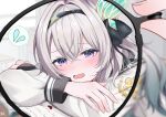  1girl 1other @_@ black_hairband black_order_uniform black_ribbon black_sailor_collar black_sleeve_cuffs black_sleeves blush crossed_arms firefly_(honkai:_star_rail) firefly_(spring_missive)_(honkai:_star_rail) glasses gradient_eyes grey_hair hair_between_eyes hair_intakes hair_ornament hairband highres holding holding_removed_eyewear honkai:_star_rail honkai_(series) lying multicolored_eyes open_mouth ribbon sailor_collar sweatdrop tiizumaru98 unworn_eyewear white_sleeves 