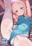  1girl armpits arms_up artist_name blonde_hair blue_eyes blue_leotard breasts cameltoe commentary_request covered_navel covered_nipples drill_hair forehead girls_und_panzer grin gymnastics highleg highleg_leotard highres kneepits leg_up leotard light_blush long_hair looking_at_viewer marie_(girls_und_panzer) paid_reward_available pantyhose parted_lips puddinghomhom signature small_breasts smile solo sweat sweatdrop teeth wavy_hair white_pantyhose 