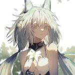  1girl animal_ears anpoai arknights bare_shoulders bright_pupils chinese_commentary chromatic_aberration colored_eyelashes commentary_request flower green_eyes grey_hair hair_between_eyes highres holding holding_flower long_hair parted_lips rosmontis_(arknights) solo spaghetti_strap upper_body white_background white_flower white_pupils 
