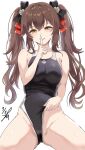  1girl absurdres alternate_costume black_bow black_one-piece_swimsuit blush bow breasts brown_eyes brown_hair clenched_teeth clothes_pull collarbone commentary_request competition_swimsuit finger_to_mouth girls&#039;_frontline girls&#039;_frontline_2:_exilium hair_bow highleg highleg_one-piece_swimsuit highres jiangyu_(girls&#039;_frontline_2) long_hair looking_at_viewer one-piece_swimsuit one-piece_swimsuit_pull shushing simple_background smile solo swimsuit takumi_munato teeth twintails type_97_(girls&#039;_frontline) white_background 